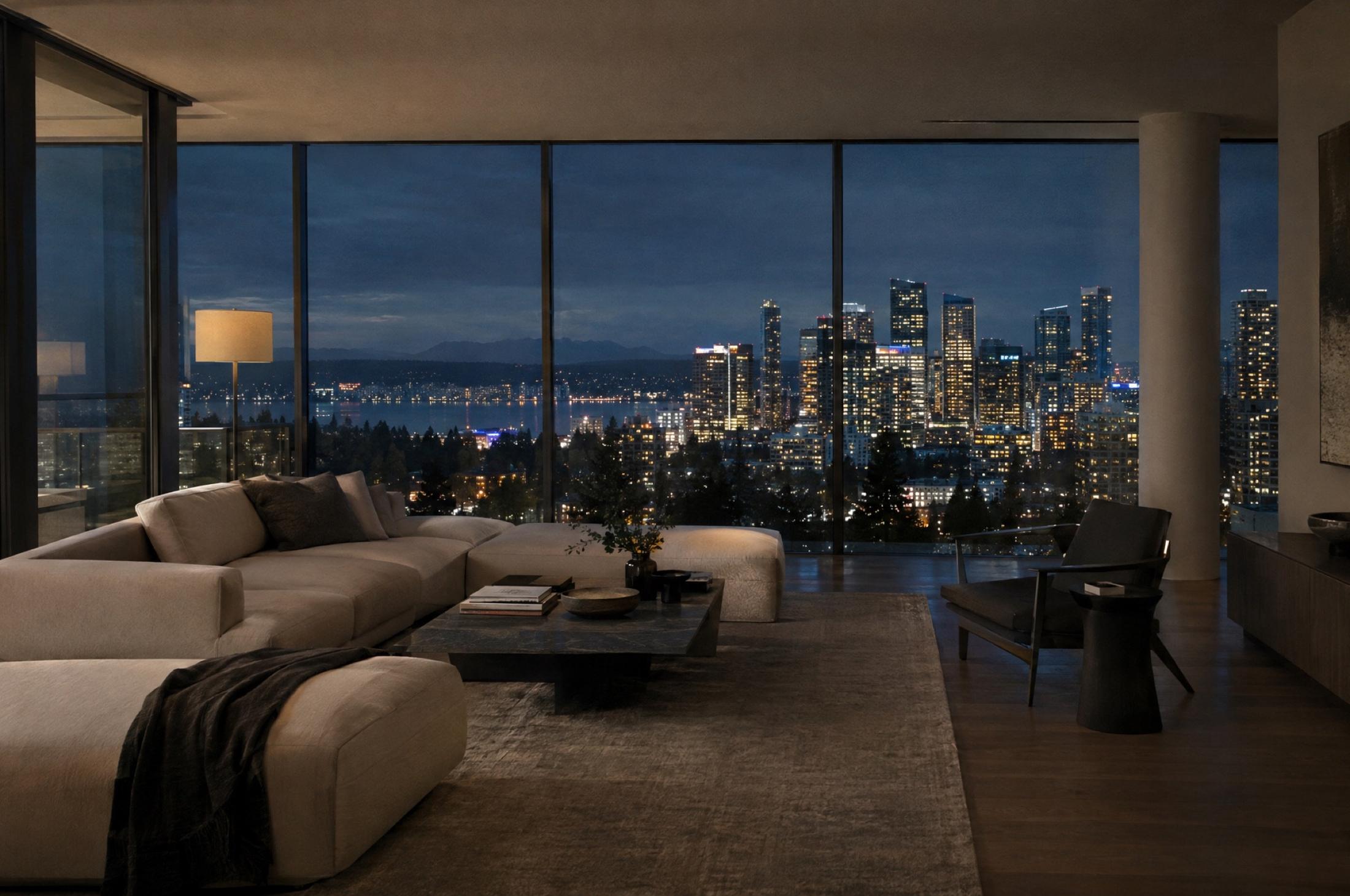 Dim living room at night with a cream sectional, a dark stone coffee table and a lounge chair, facing floor-to-ceiling windows that frame lit high-rise towers and a lake beyond.