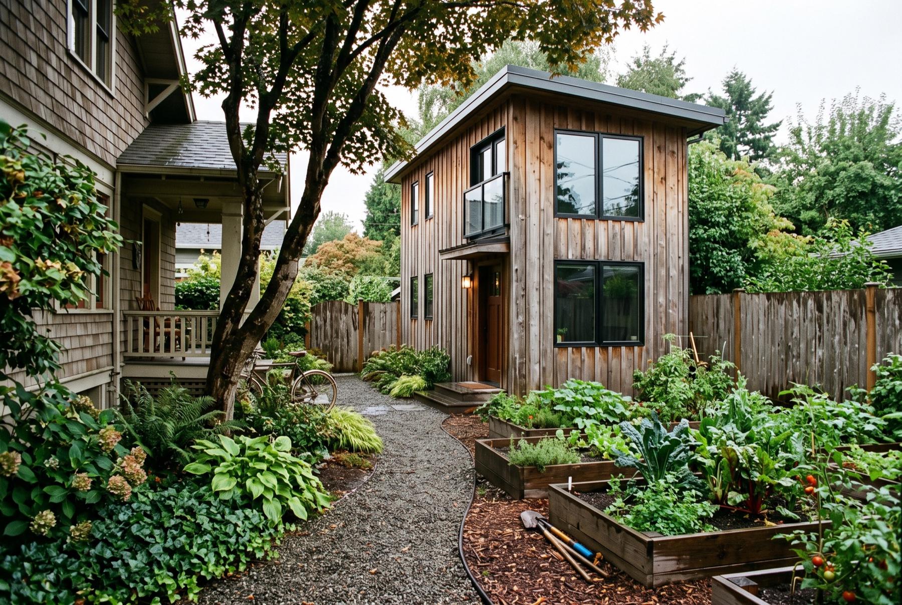 A small two-story backyard cottage with vertical cedar siding and black window frames beside an older craftsman house, reached by a gravel path past raised vegetable beds