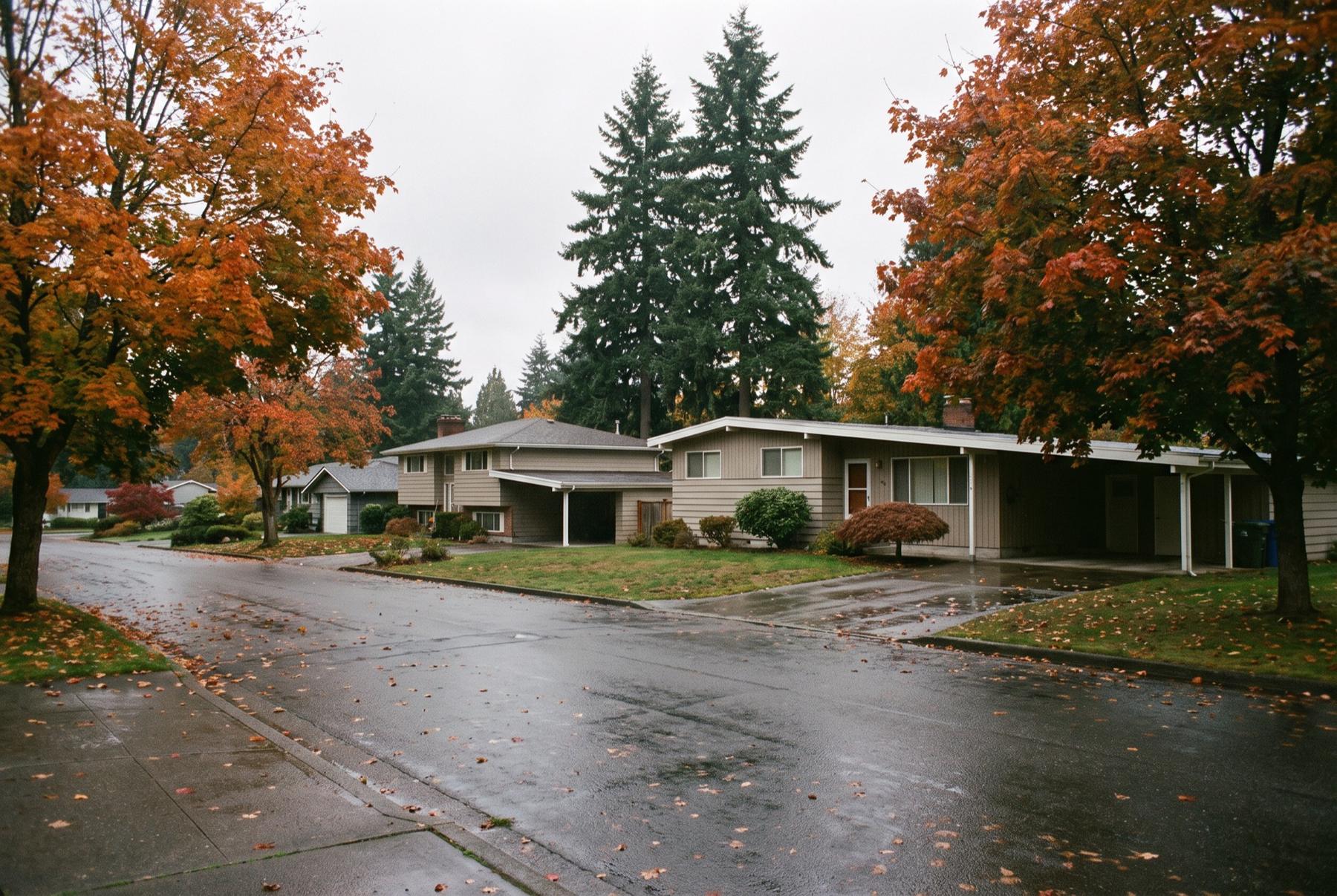 A quiet Eastside street of 1960s ramblers and split-level houses with carports, maples in autumn color along wet pavement