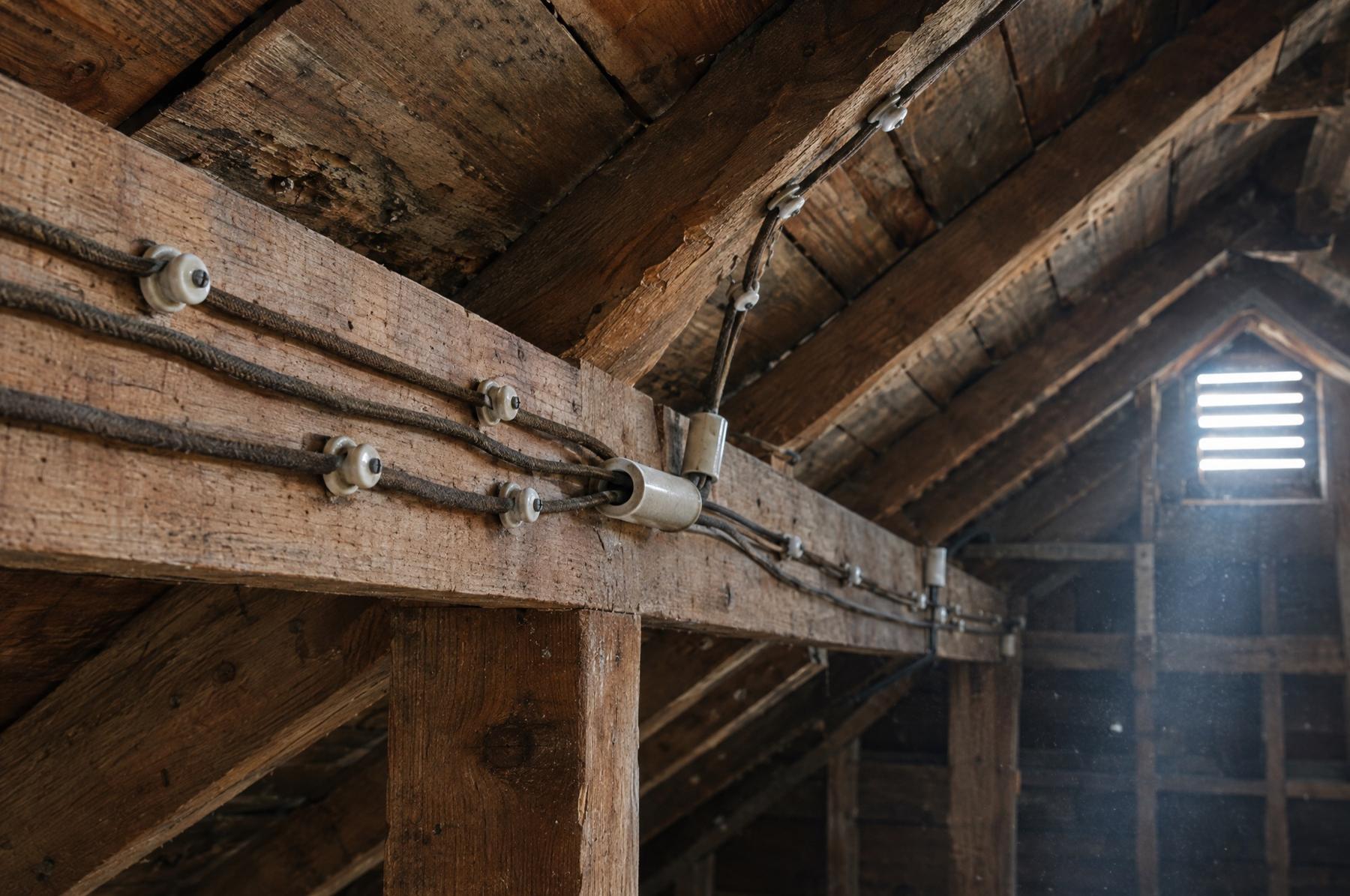 Old knob-and-tube wiring on white porcelain knobs and tubes running along rough fir joists in the unfinished attic of an early 1900s house, lit by daylight from a gable vent