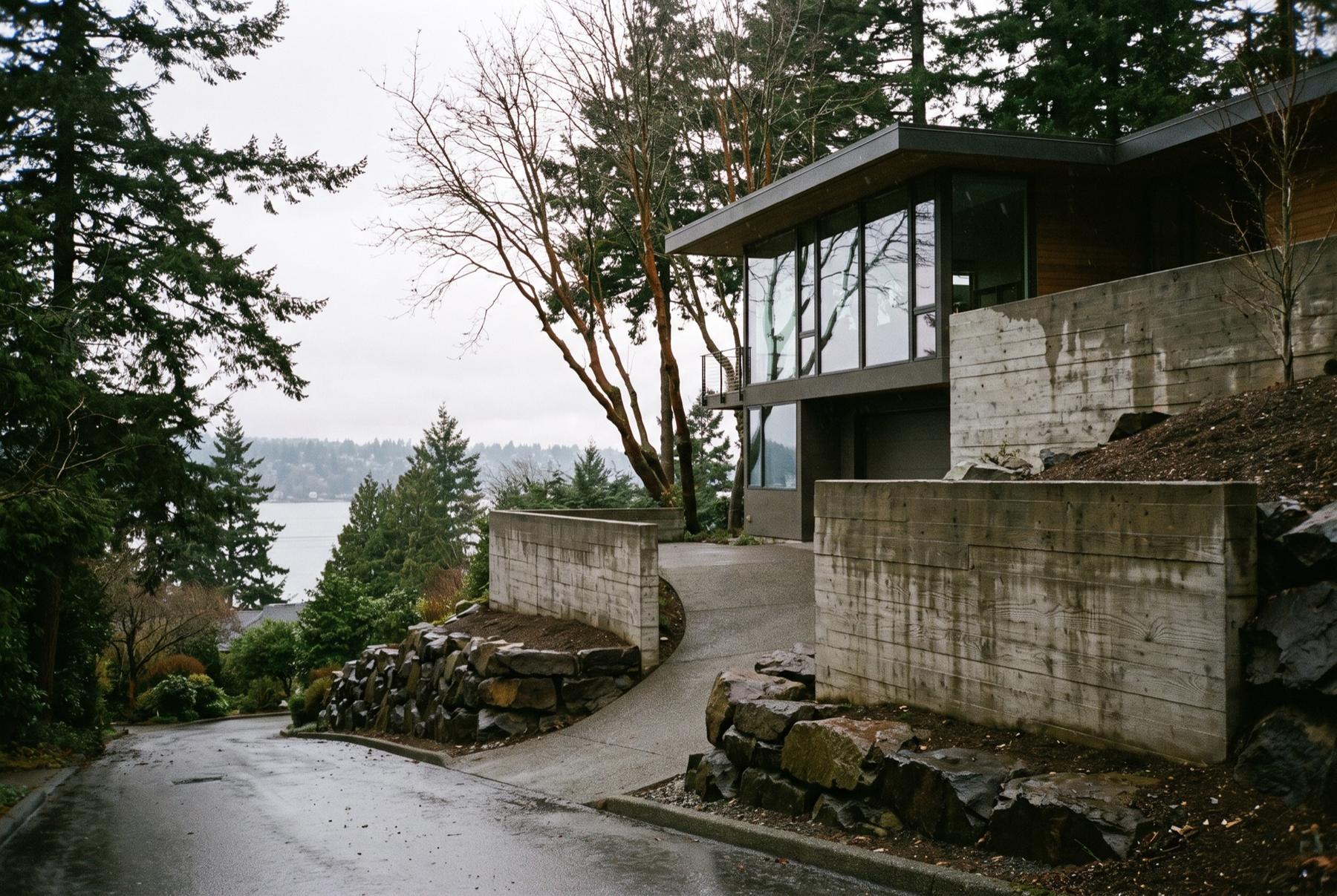A modern house set into a steep wooded hillside above Lake Washington, held by tall board-formed concrete retaining walls and a stacked stone rockery beside a curving driveway, with madrona trees