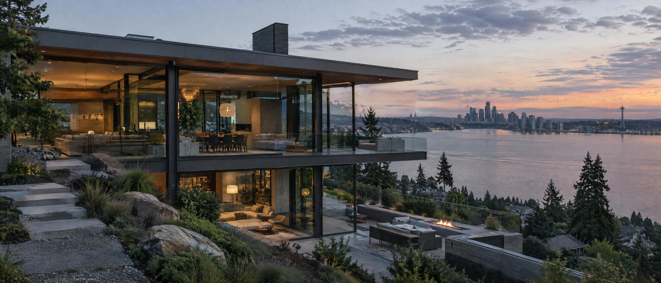Two-story glass and steel house with a deep flat roof on a wooded hillside at dusk, its rooms lit, a terrace fire pit below, and a lake with a distant city skyline under a pink sky.