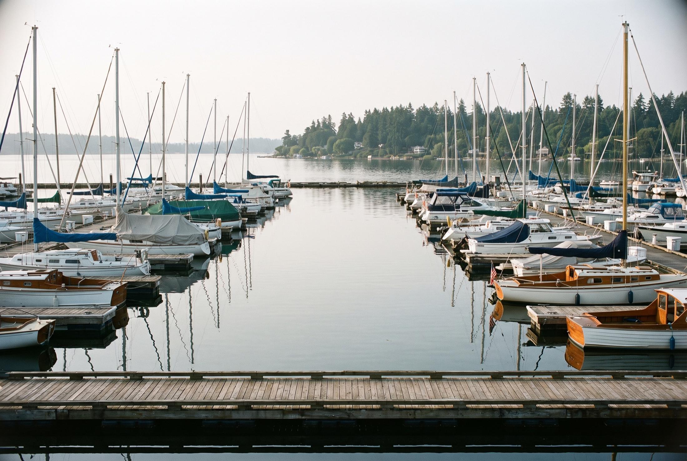 Marina on a calm, hazy morning: sailboats and wood-trimmed cruisers tied along wooden docks, masts reflected in still water, and a wooded shoreline across the lake.