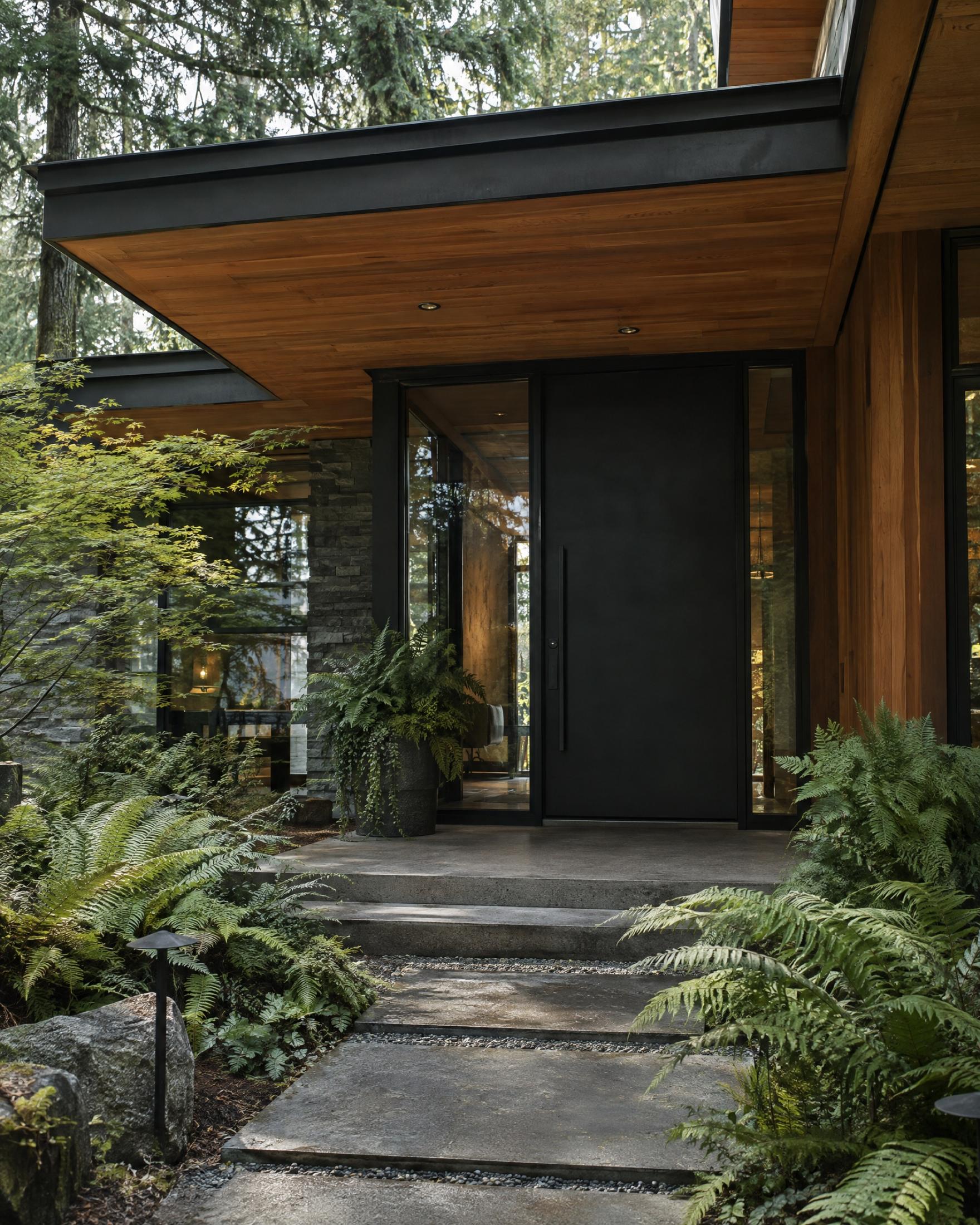 Northwest modern entry with a cedar soffit, a tall black pivot door flanked by glass panels, and concrete steps lined with sword ferns under tall evergreens.