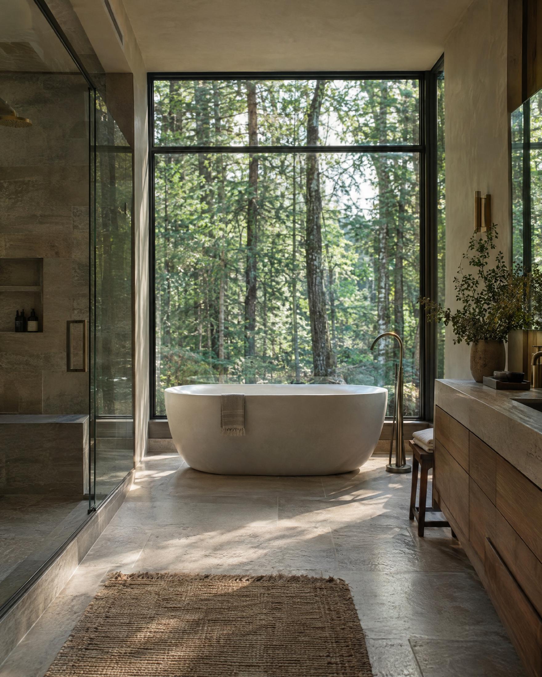 Bathroom with a freestanding white soaking tub beneath a tall window onto a forest, a stone tile floor, a jute rug, a glass shower and a wood vanity in soft daylight.